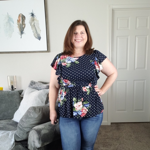 Navy Polka Dot & Floral Peplum Ruffled Top - Picture 2 of 4